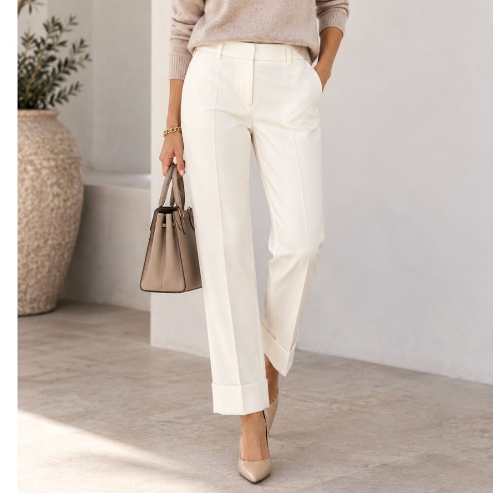 Akris Pants Womens 4 Ivory 99% Virgin Wool Cuffed Tailored Straight Leg Trousers